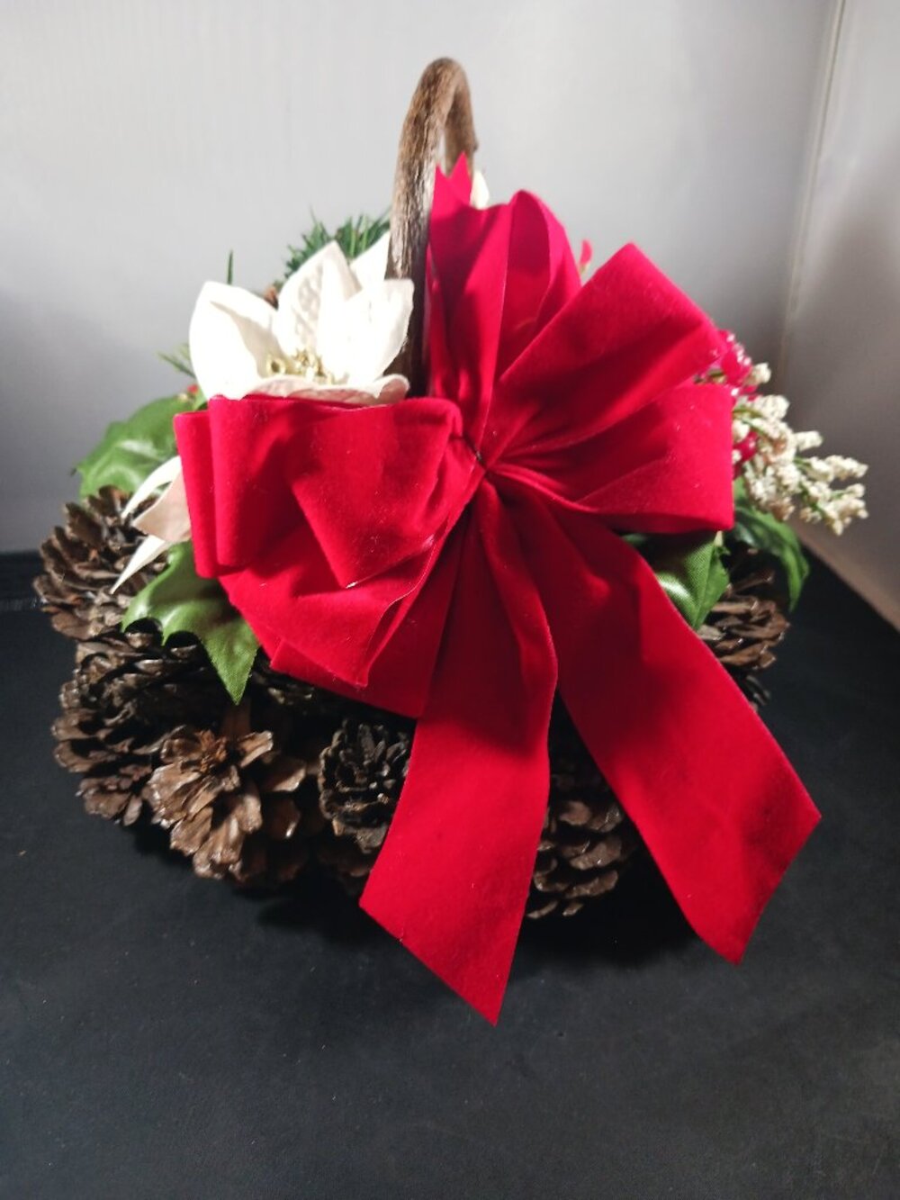 Vintage Christmas Cones Poinsettia Small Basket Arrangement Centerpiece